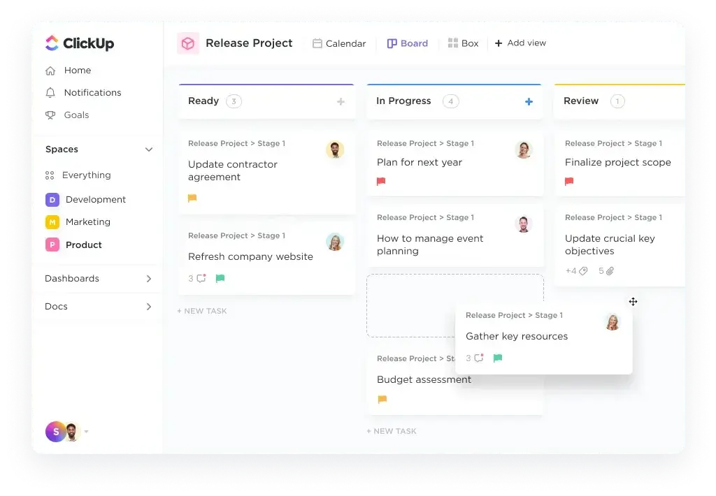 ClickUp board view showing tasks in different workflow stages.