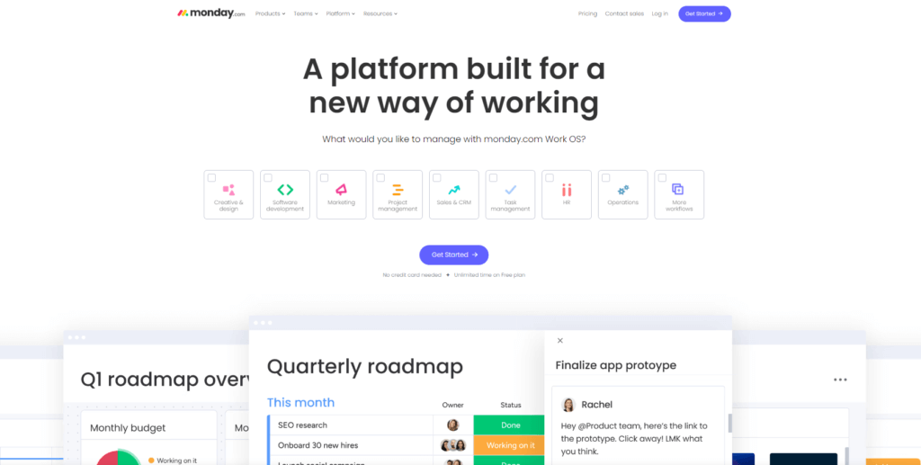 Monday.com’s homepage featuring project management solutions.