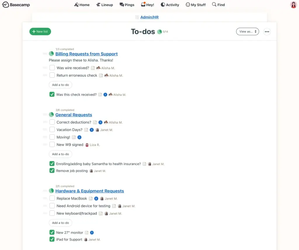 Basecamp to-do lists with task assignments and progress tracking