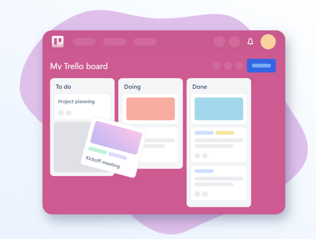 Trello board with To Do, Doing, and Done lists for project management