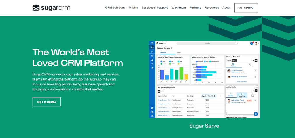 SugarCRM dashboard showcasing customizable workflows and analytics.