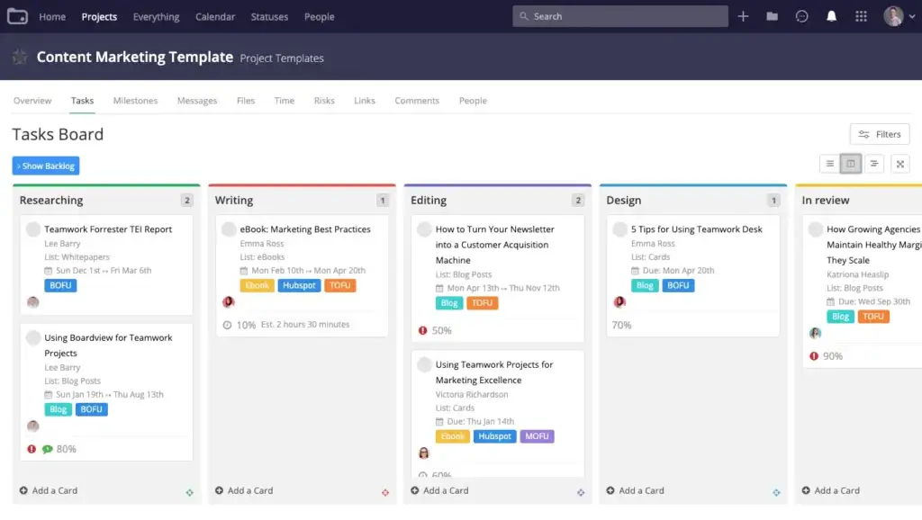 Teamwork board view with task categories for content marketing workflow.