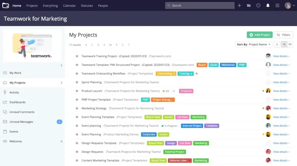 Teamwork project list with tags and workflow templates.