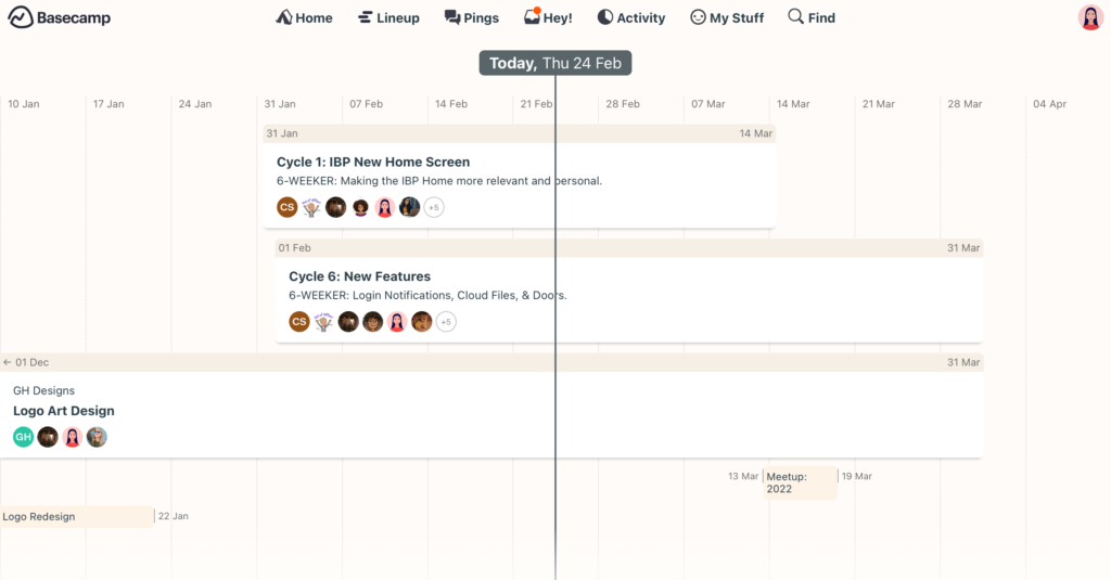 Basecamp project timeline with task cycles and team collaboration