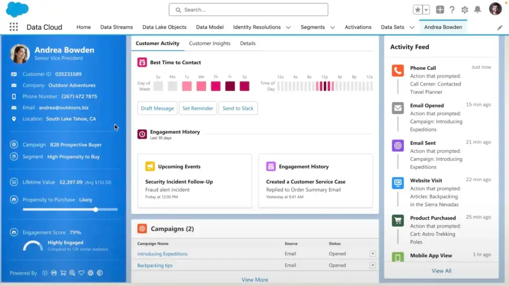 Salesforce unified customer profile with engagement and activity insights