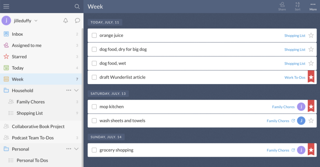 Wunderlist task list interface with categorized to-dos