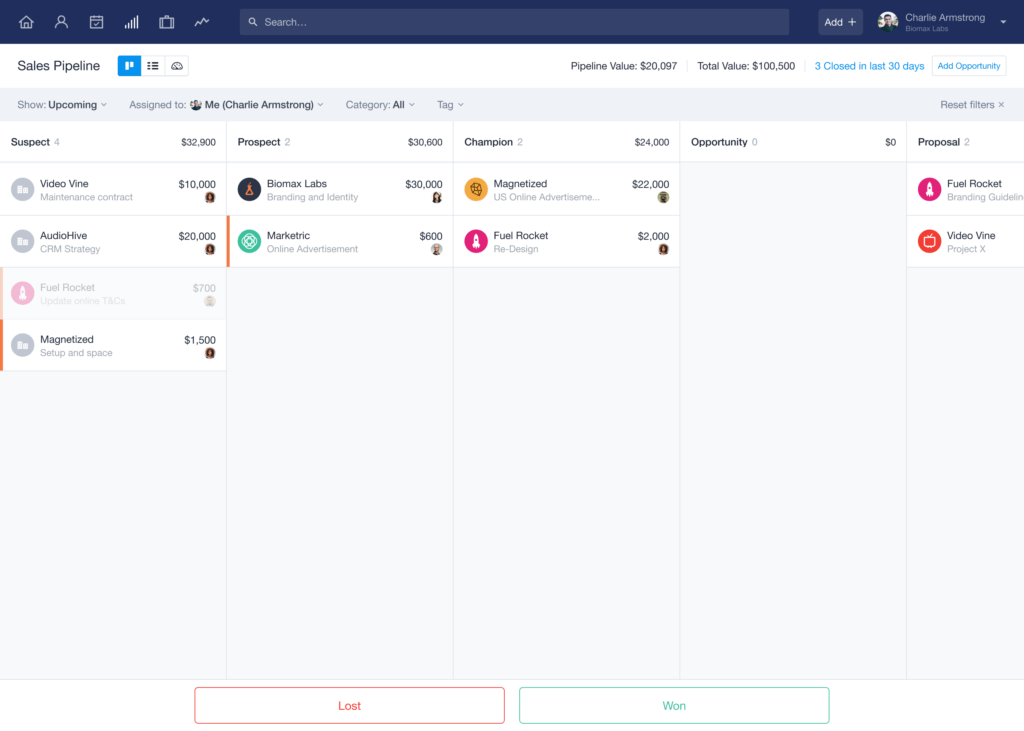 Capsule CRM Kanban board showing sales pipeline stages.