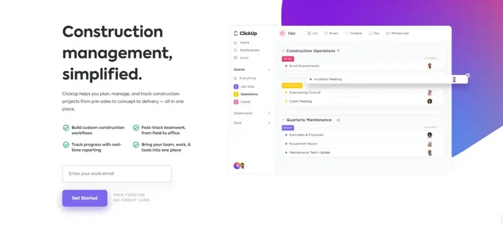ClickUp dashboard showcasing construction task management and workflow automation
