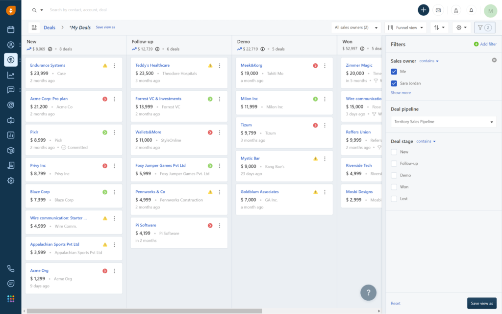 Freshsales deal management interface with pipelines.