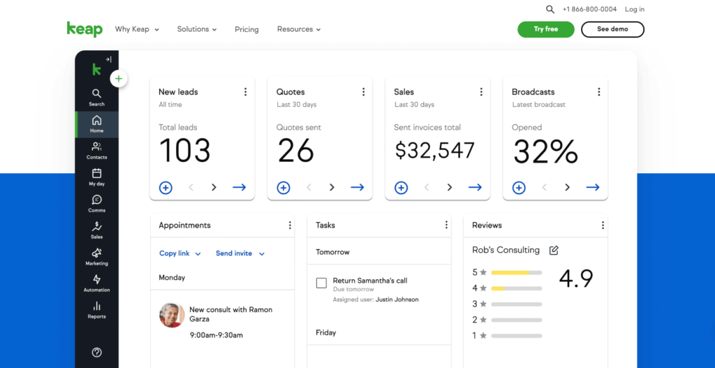 Keap CRM home page highlighting automation and sales features