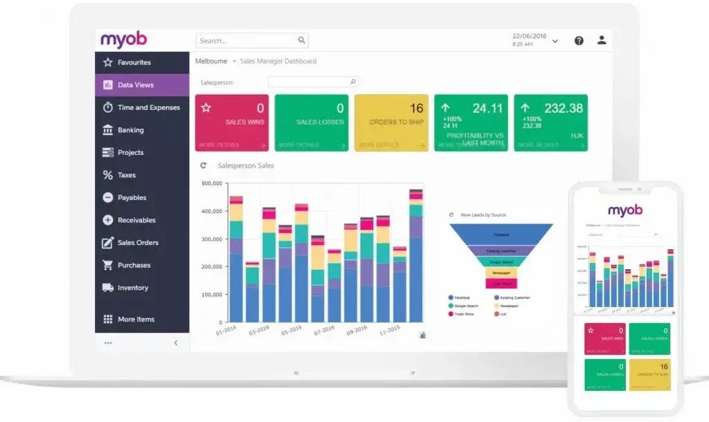 MYOB Advanced ERP dashboard with sales and inventory reports