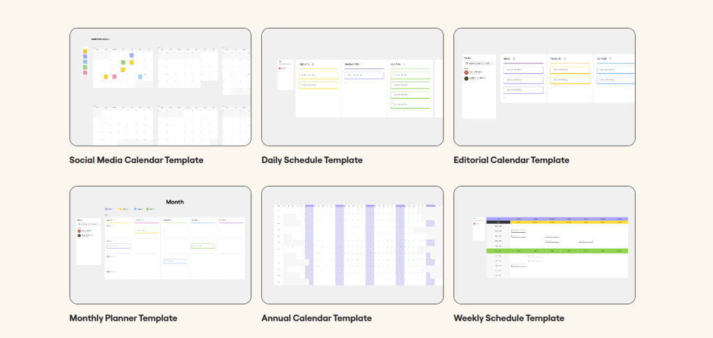 Miro calendar templates for scheduling and project planning.