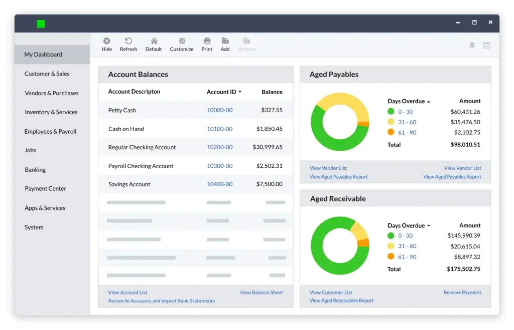 Sage 50 dashboard showing account balances and aged receivables