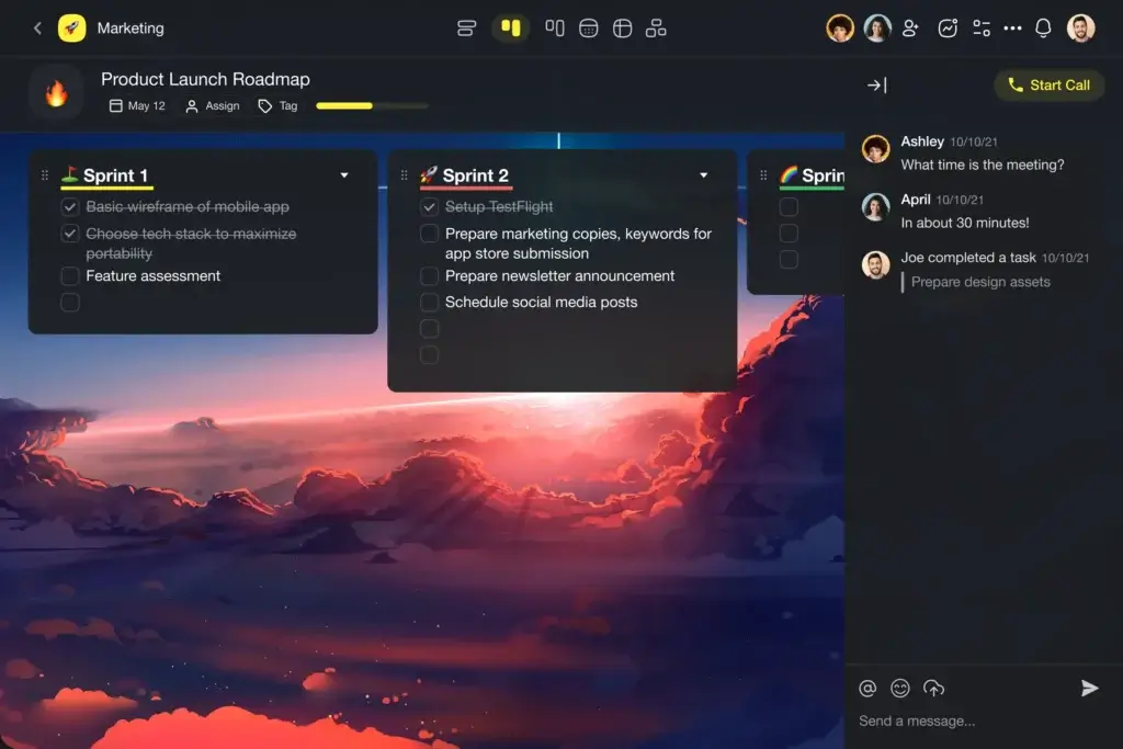 Taskade project view with sprints and team chat