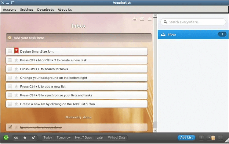 Wunderlist task manager on a desktop screen