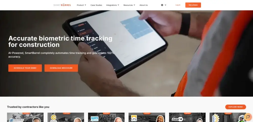 SmartBarrel biometric time tracking system dashboard used on a tablet at a construction site.