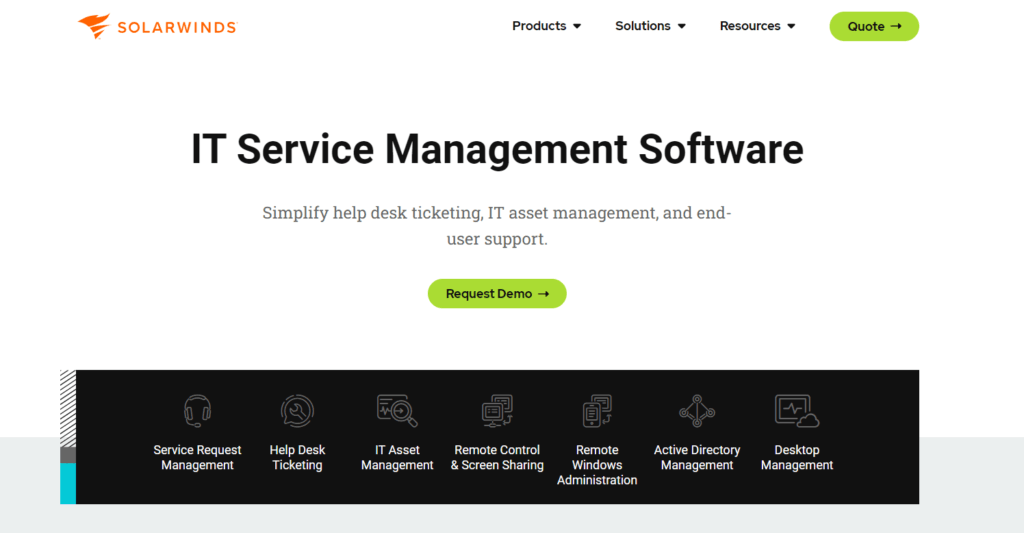 SolarWinds IT service management software homepage with demo request button.