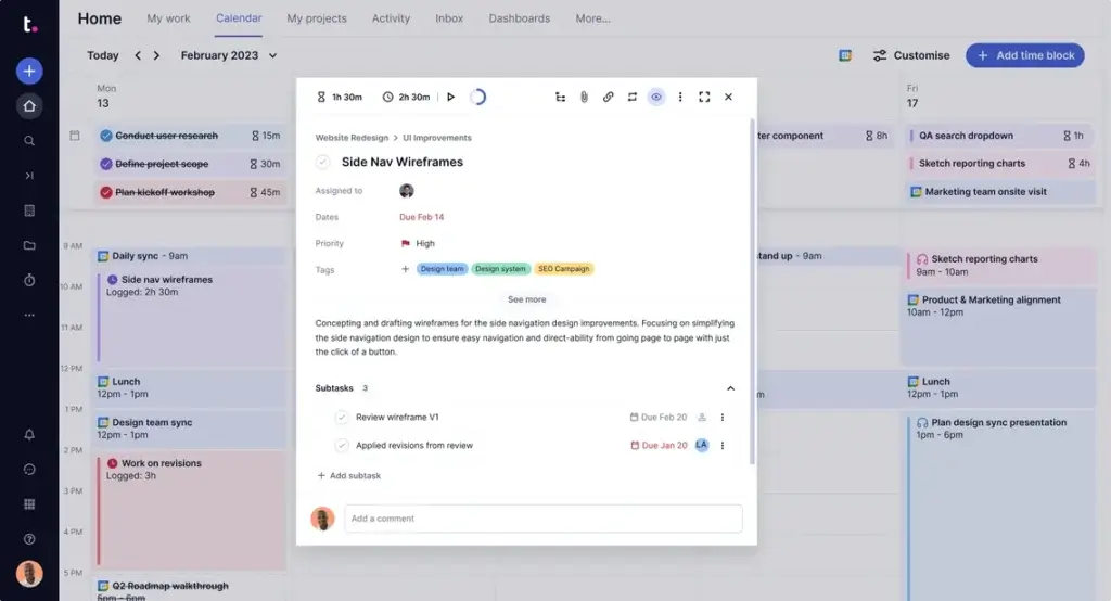Teamwork calendar view with tasks, deadlines, and project milestones.