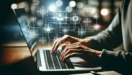 Digital workflow visualization on a laptop screen.