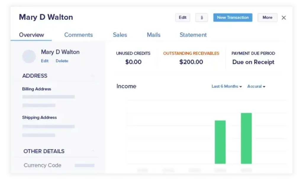 Zoho Books customer interface with receivables