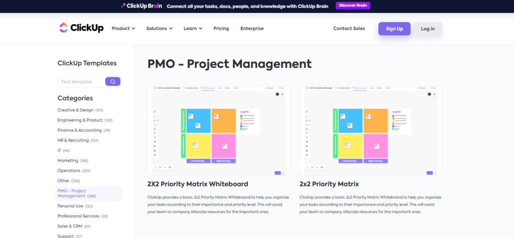 ClickUp PMO templates for project management with priority matrix visualization.