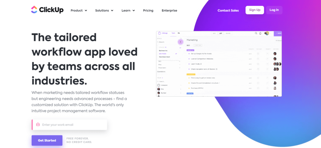 ClickUp workflow dashboard for project management.