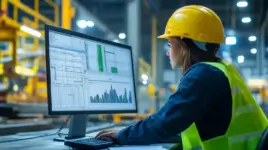 Female construction engineer analyzing project data on a computer in an industrial setting.