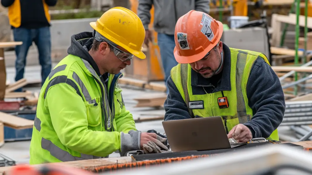 Two construction workers using a laptop on-site to review construction project management software