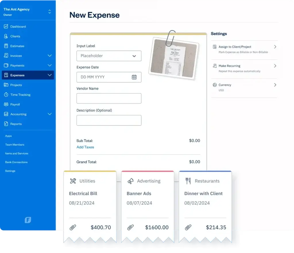 FreshBooks expense tracking screen with receipts and expense categories
