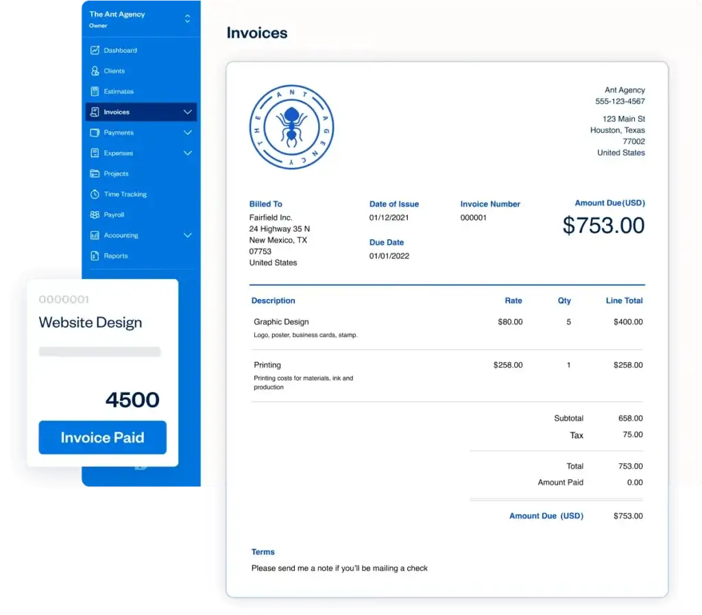 FreshBooks invoice screen showing a paid client invoice