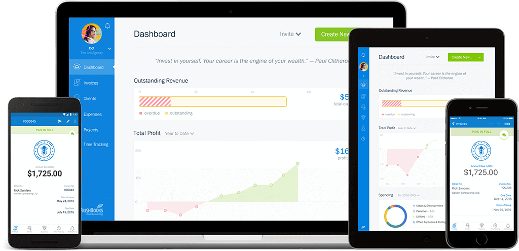 FreshBooks dashboard displayed on laptop, tablet, and smartphone