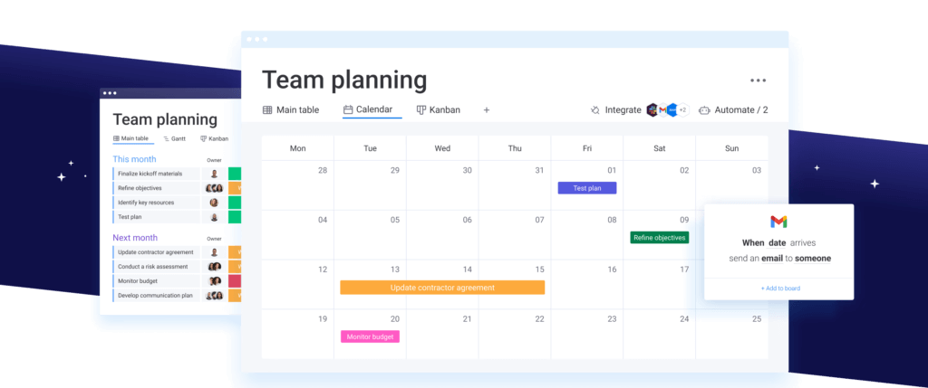 Monday.com shared calendar with task assignments and automation.