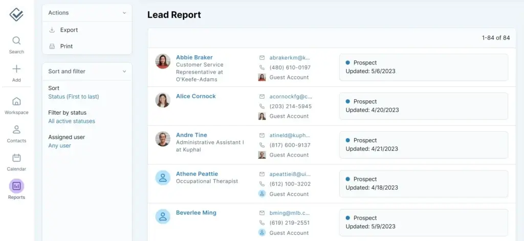Less Annoying CRM lead report showing prospects, contact details, and status updates