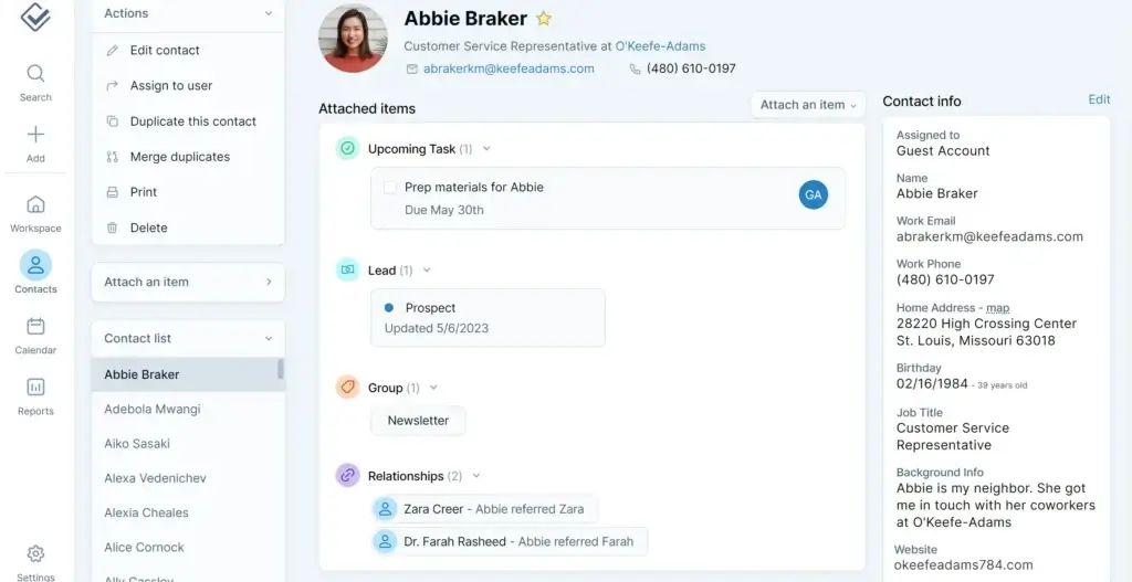 Less Annoying CRM contact details showing task, lead, and group management features.