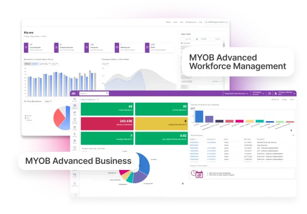 MYOB Advanced Business and Workforce Management dashboards
