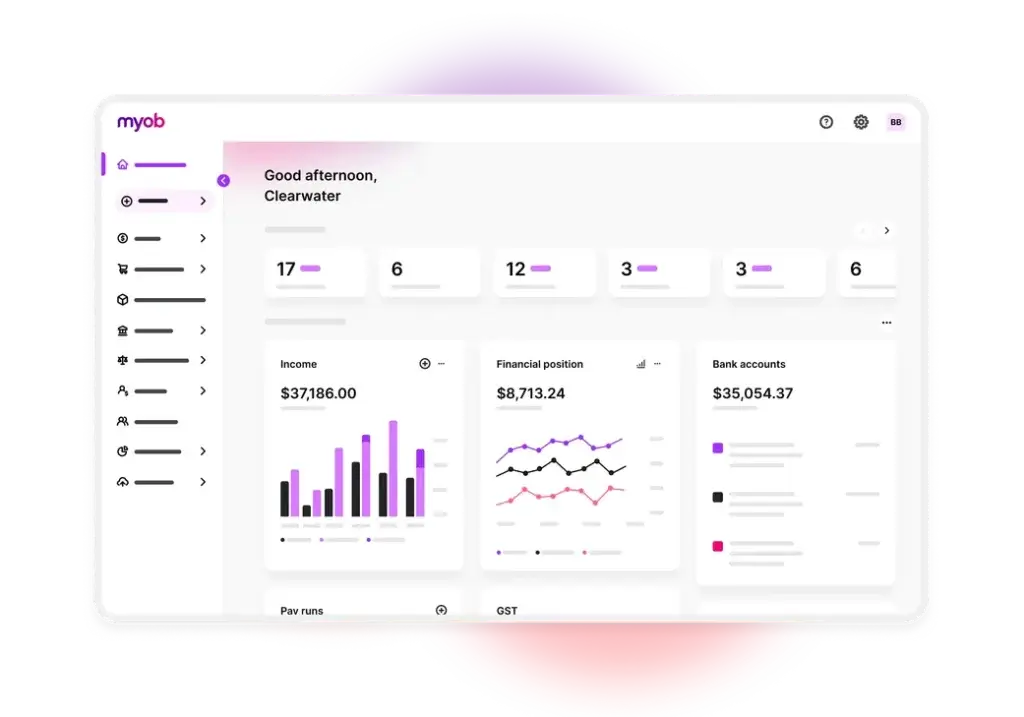 MYOB Business dashboard with income, bank accounts, and financial reports