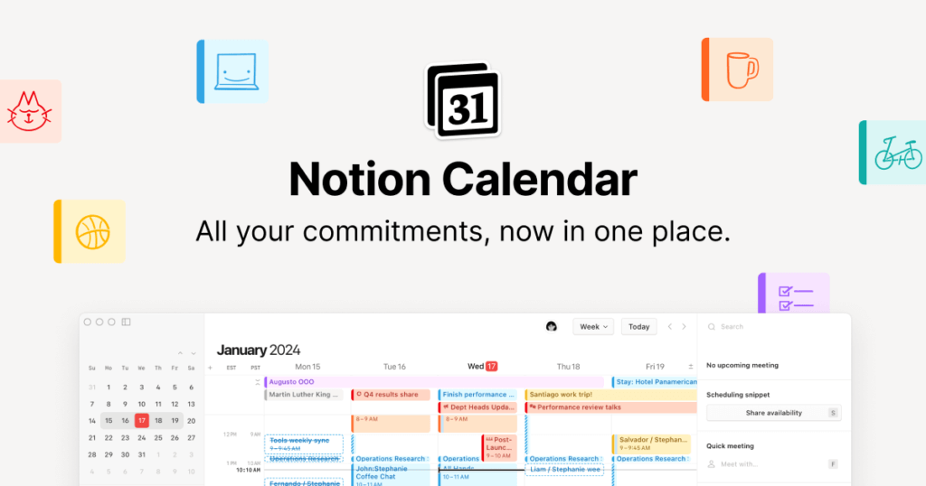Notion calendar with tasks and events in a single interface.