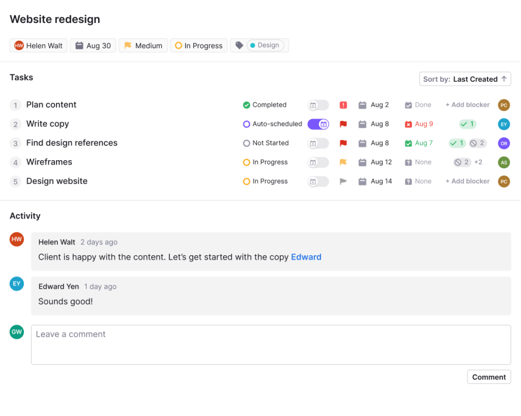 Motion project view with scheduled tasks and dependencies