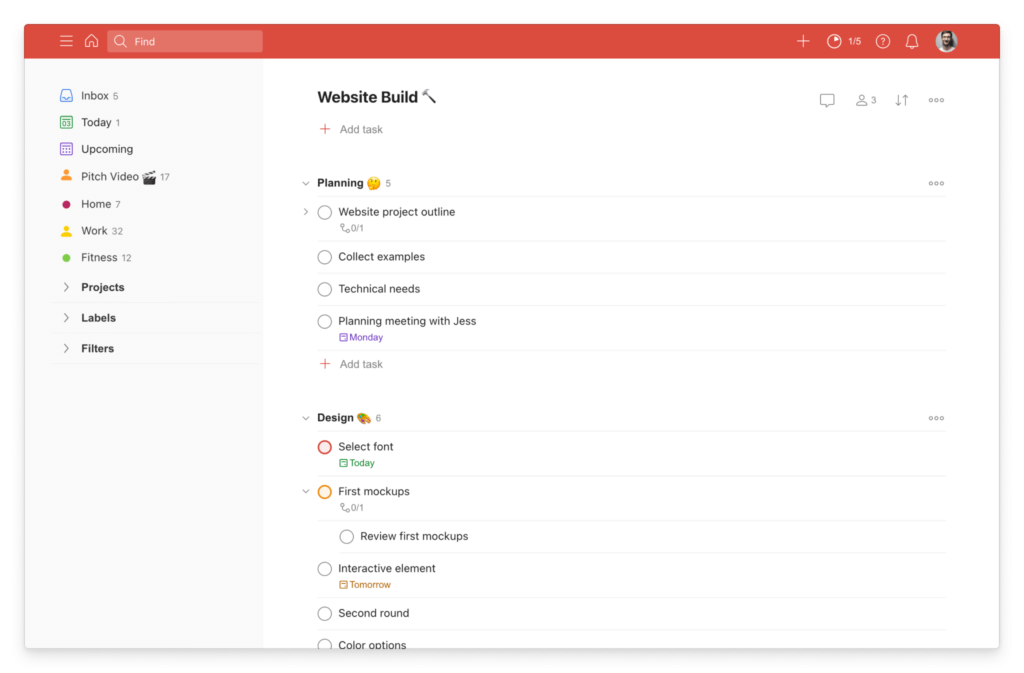 Todoist project view with nested tasks and labels