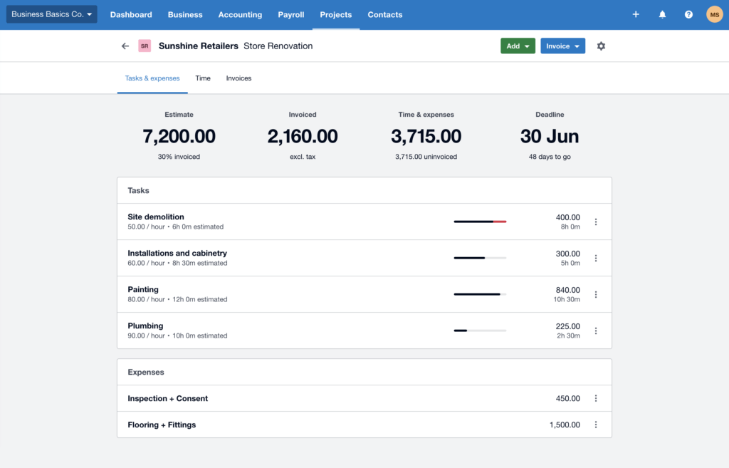 Xero project accounting interface with tracked costs and client work