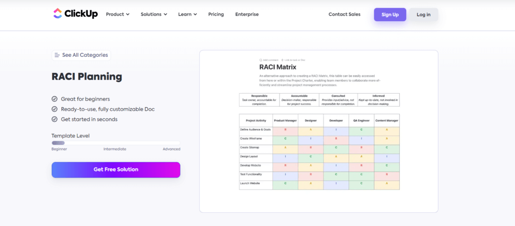 ClickUp page showing a RACI planning template.