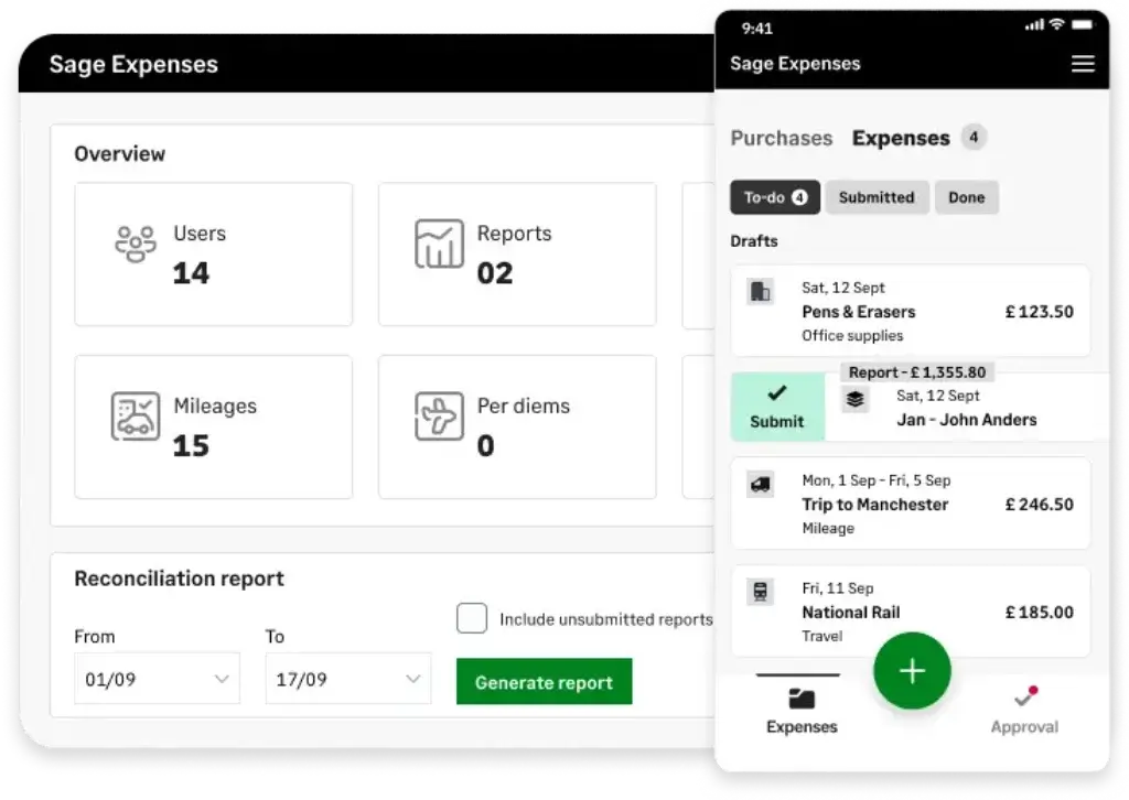 Sage Expenses dashboard for reports, mileage, and purchases
