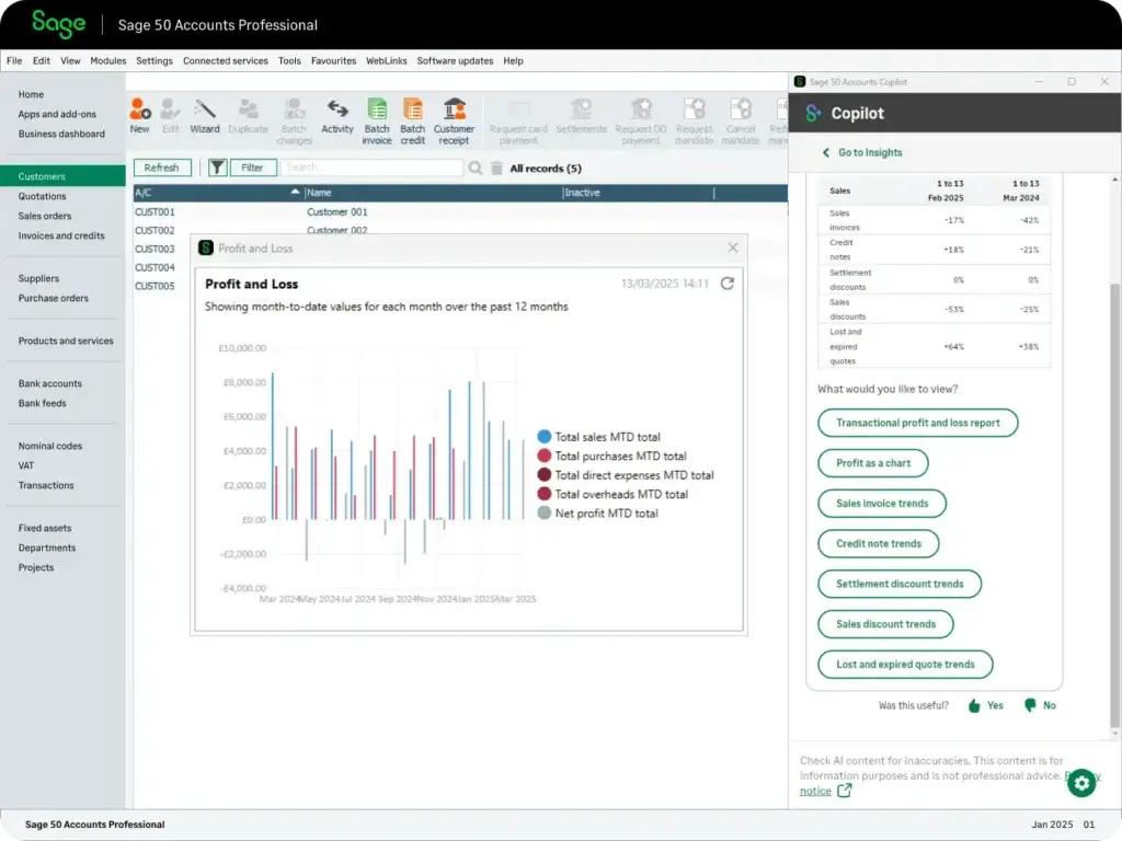 Sage 50 Accounts Professional with Copilot insights panel