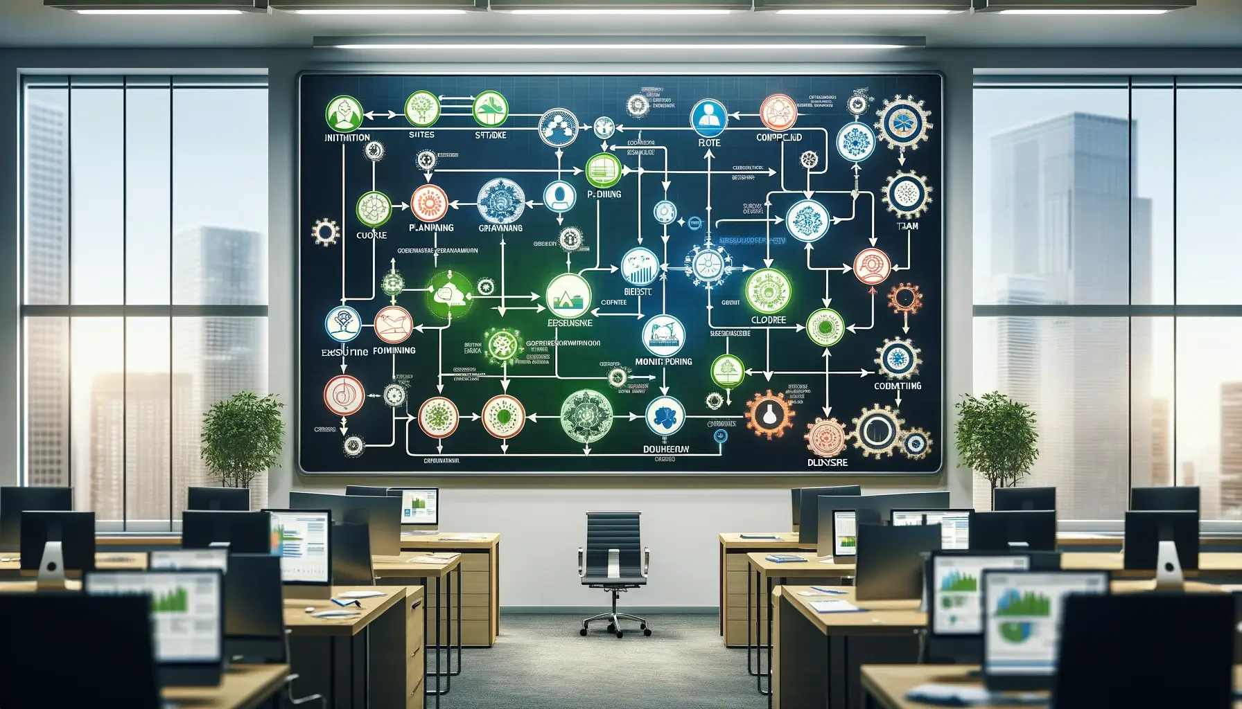 A detailed workflow chart in a modern office setting.
