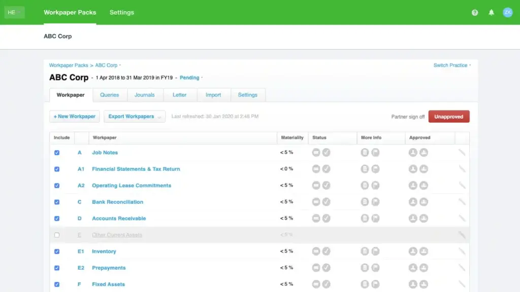 Xero workpapers interface for accountants managing financial statements and tasks