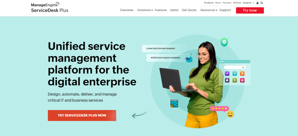 ManageEngine ServiceDesk Plus homepage banner showing its unified service management platform.