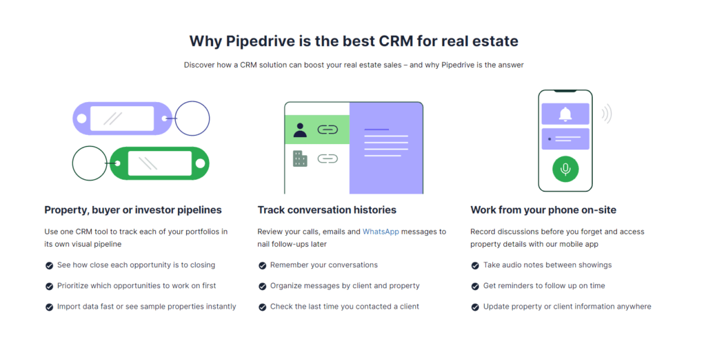 Pipedrive CRM features for real estate sales pipelines