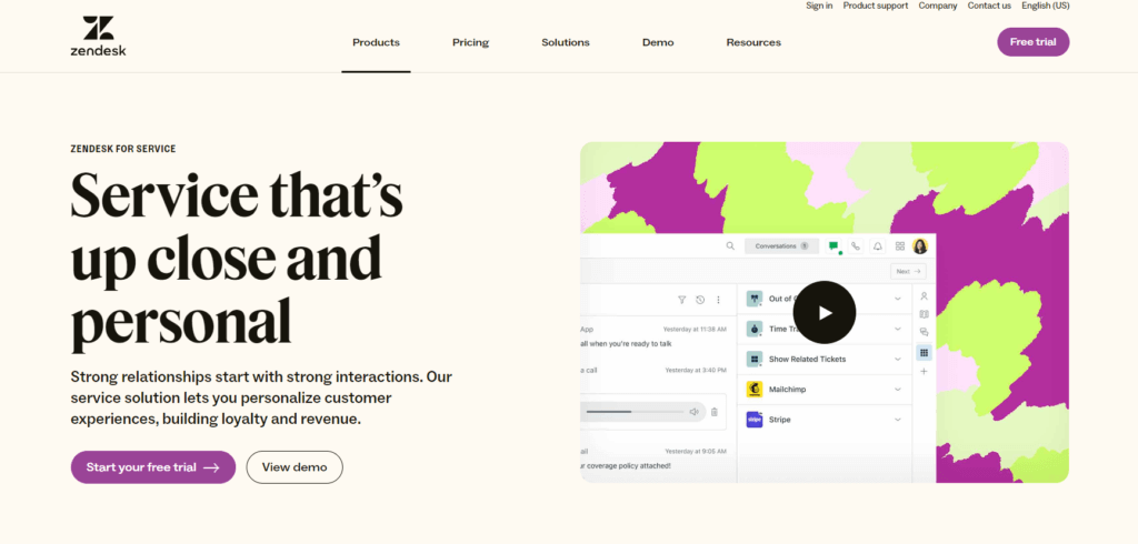 Zendesk homepage showcasing IT service management tools.