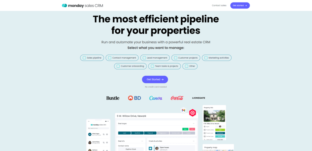 Real estate CRM interface in monday CRM with property details and pipeline stages
