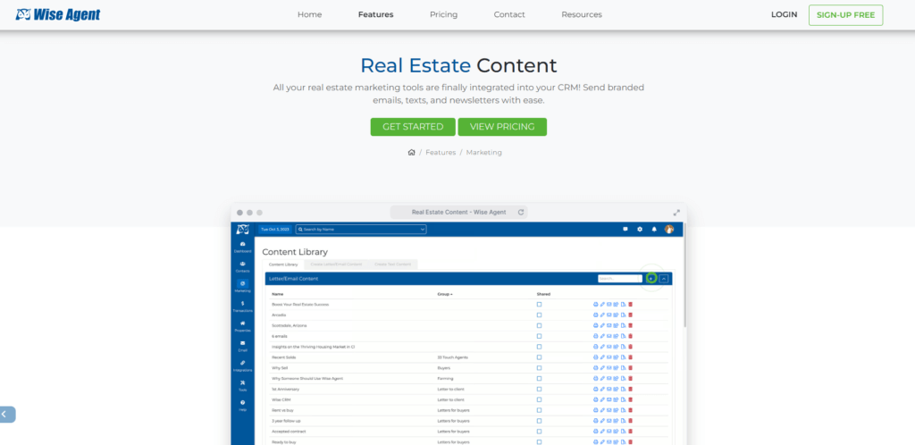 Wise Agent CRM content library for real estate marketing